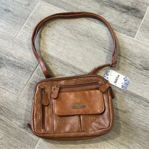 MultiSac Zippy Triple
Compartment Crossbody Bag Brown Floral-Embossed NWT